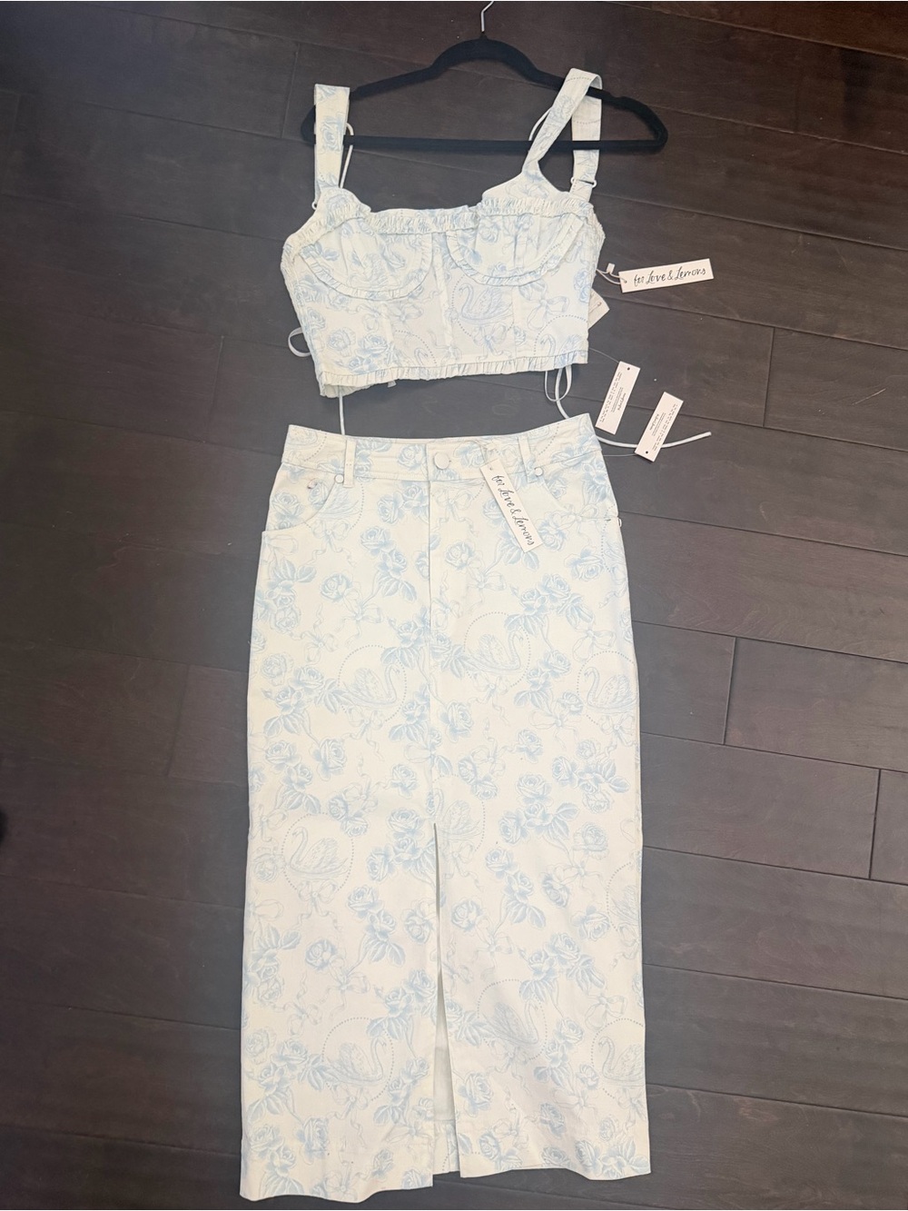 For Love and Lemons Blue Floral Midi Skirt & Corset Set- Light Blue Floral